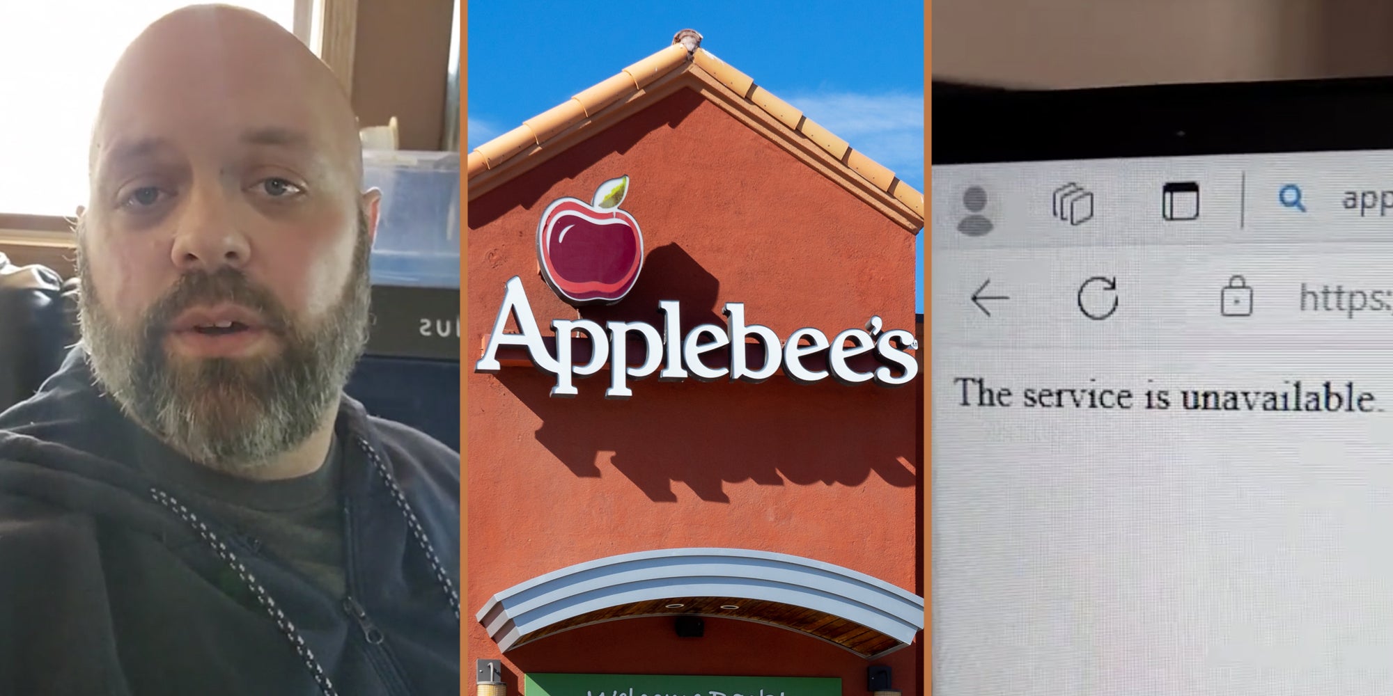 Man talking(l), Applebee's(c), Computer screen(r)
