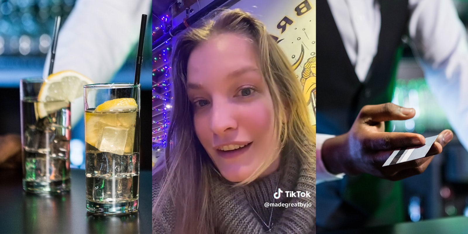 drinks on bar (l) young woman (c) bartender handing back credit card (r)