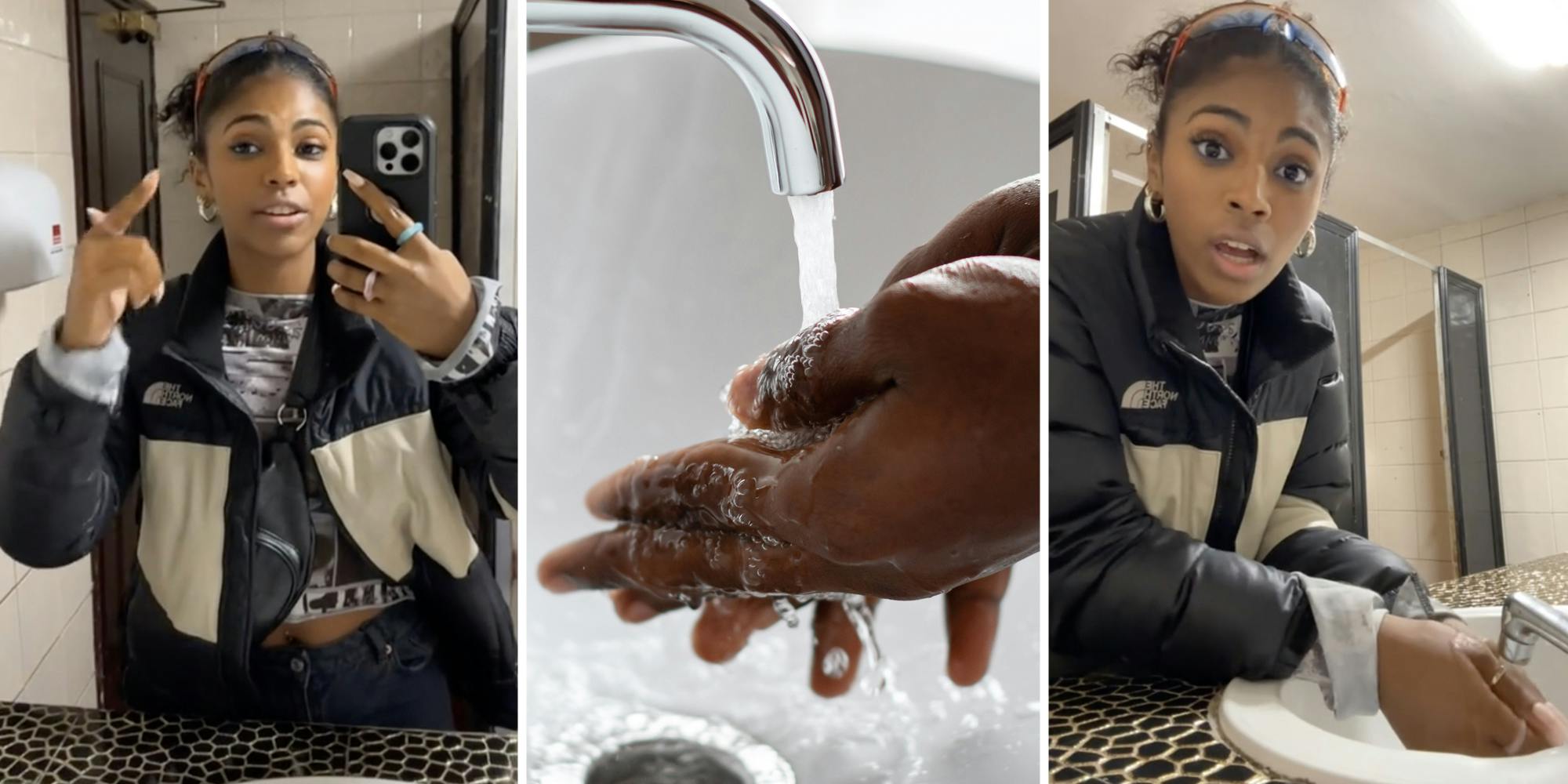 Woman talking(l), Hands washing(c), Woman looking shocked while washing hands(r)