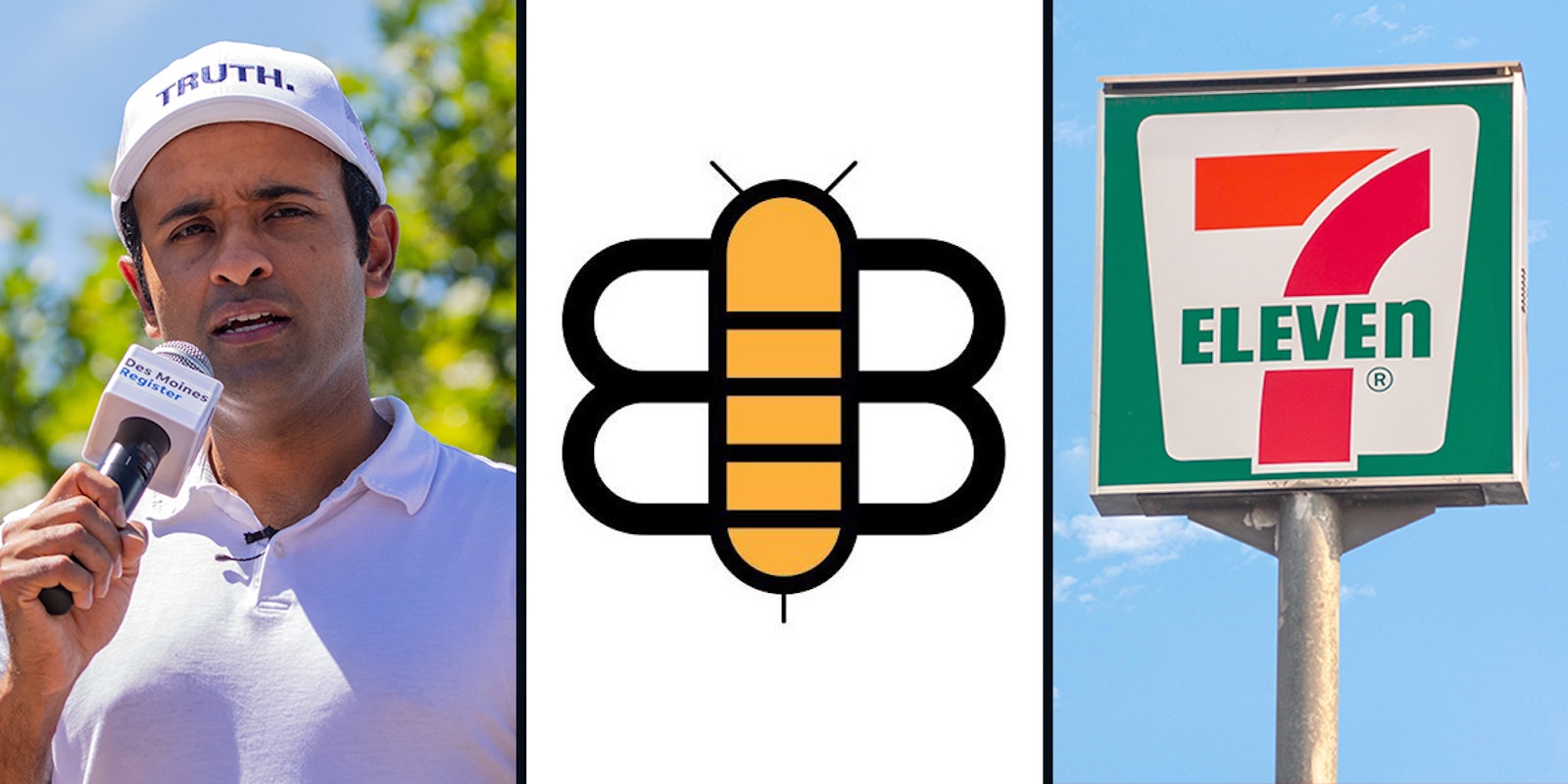 Vivek Ramaswamy speaking (l) The Babylon Bee logo (c) 7-11 sign (r)