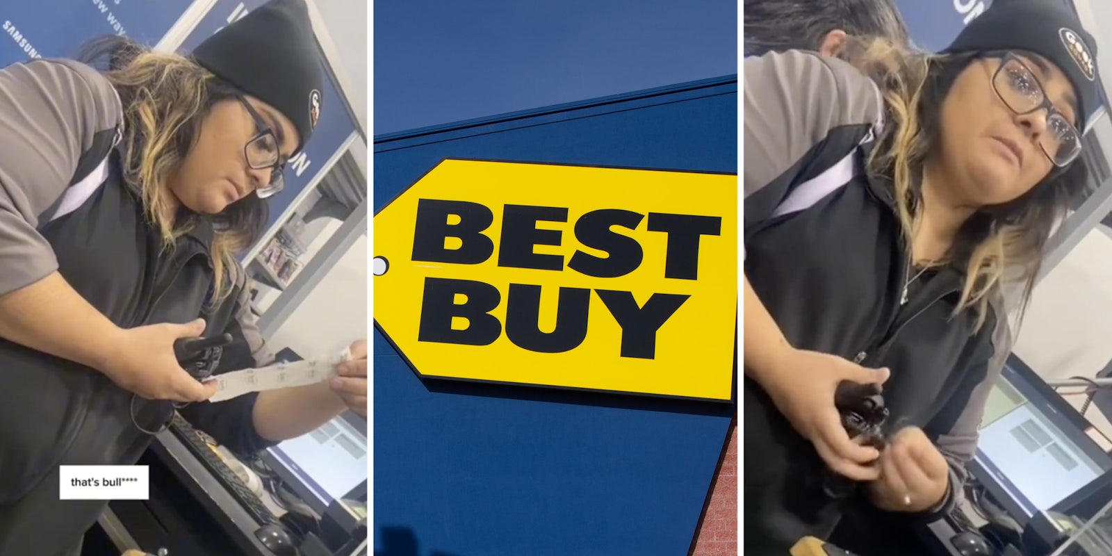 Cashier looking at receipt(l), Best Buy store(c), Cashier looking scared(r)