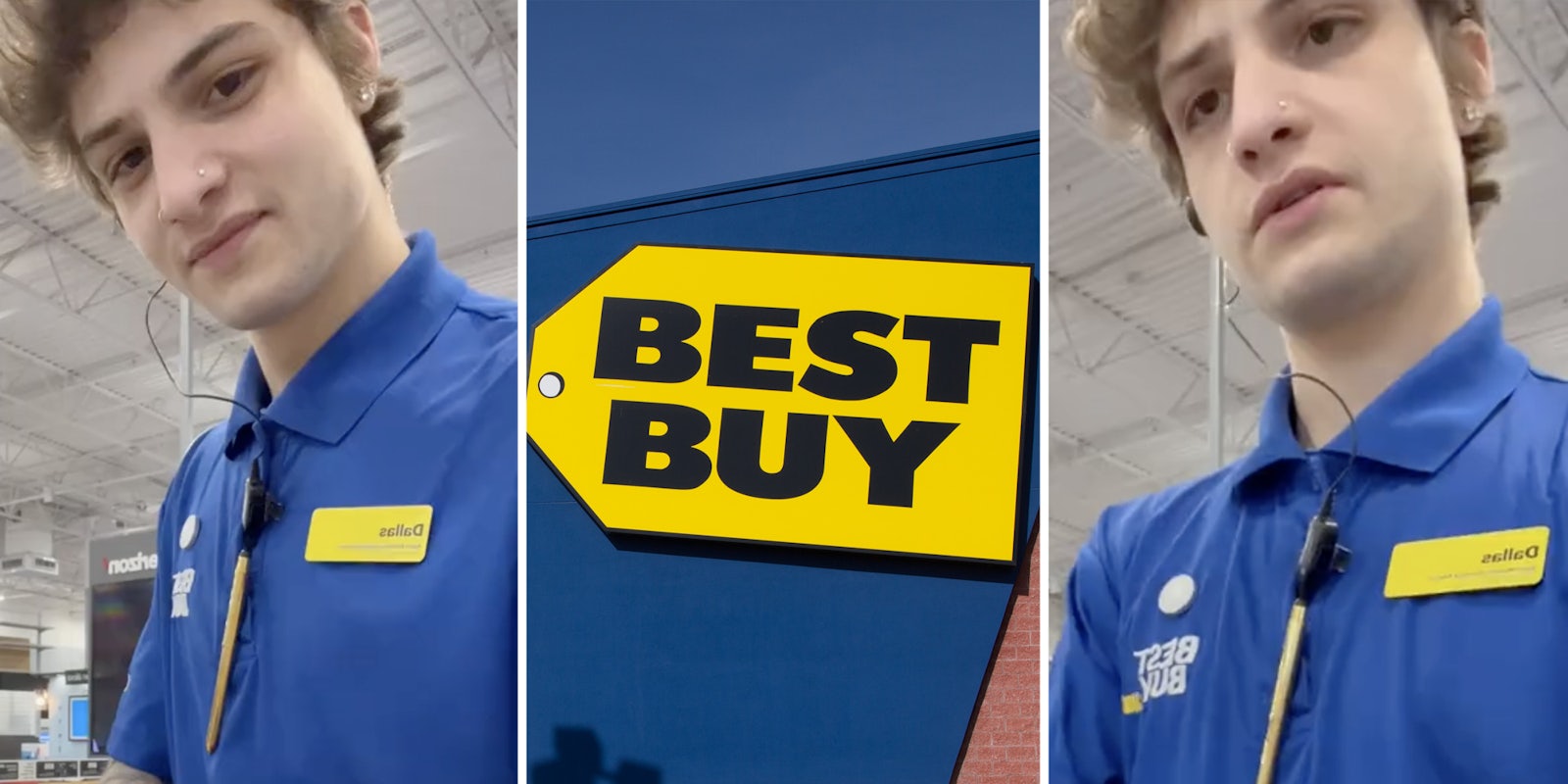 Best Buy employee(l+r), Best Buy storefront(c)