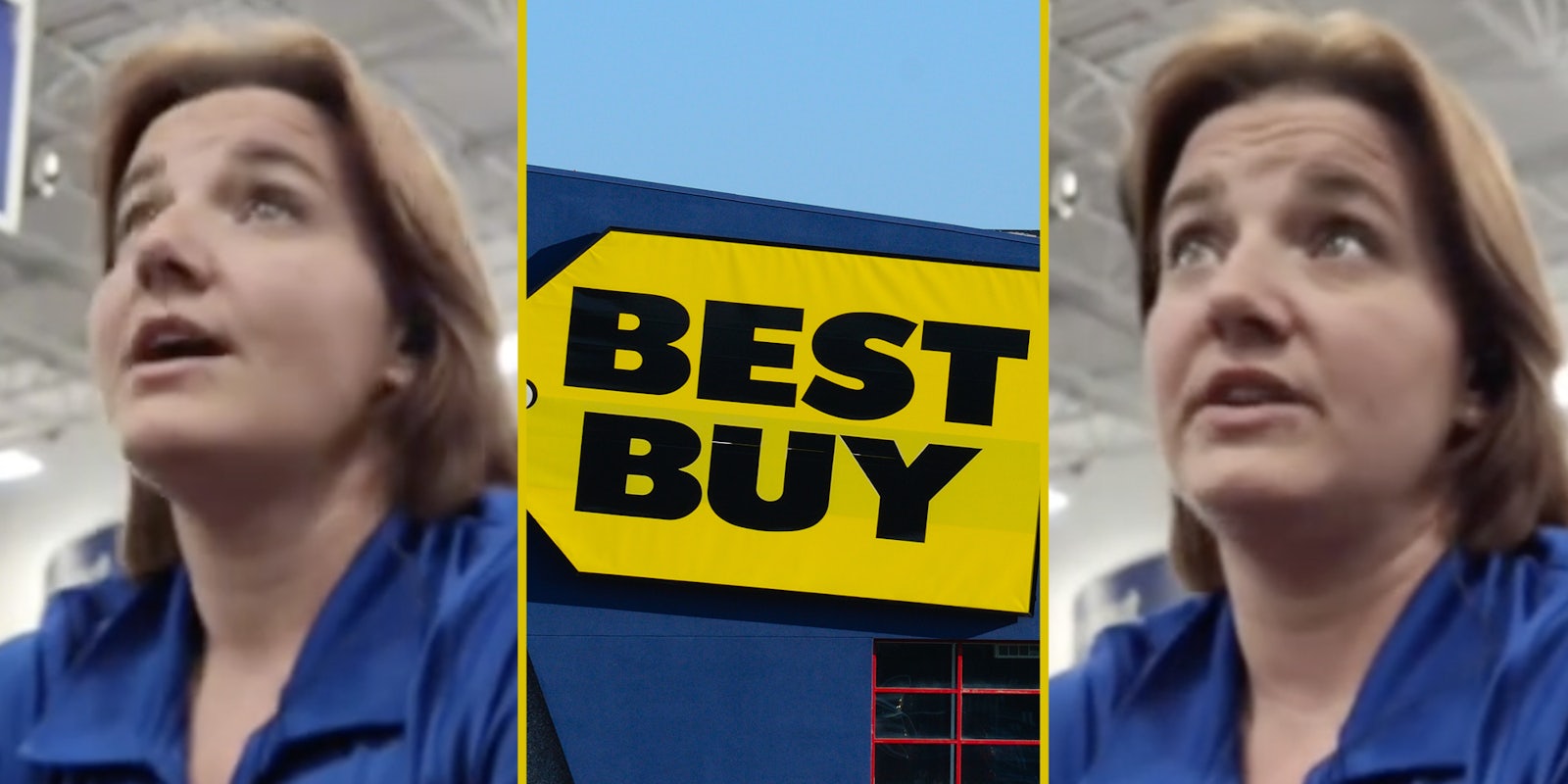 Best Buy employee(l+r), Best Buy sign(c)