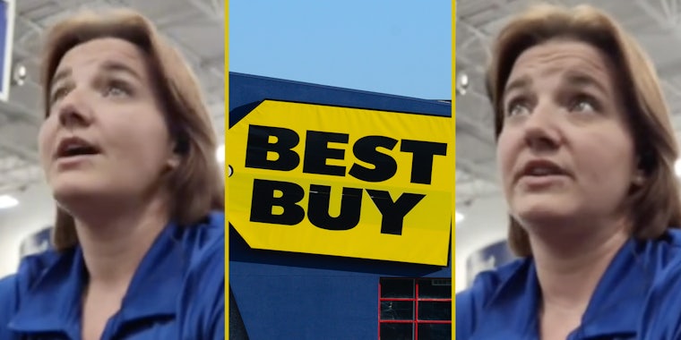 Best Buy employee(l+r), Best Buy sign(c)