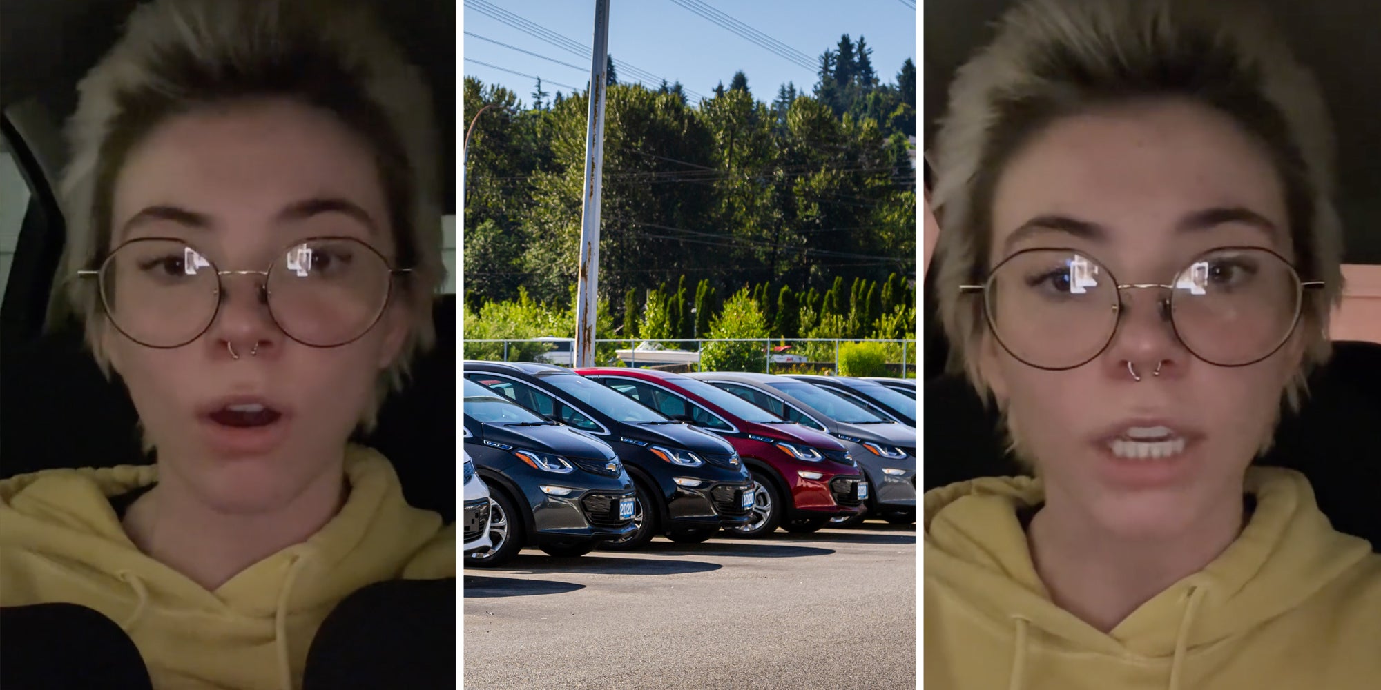 Woman talking(l+r), Car dealership(c)