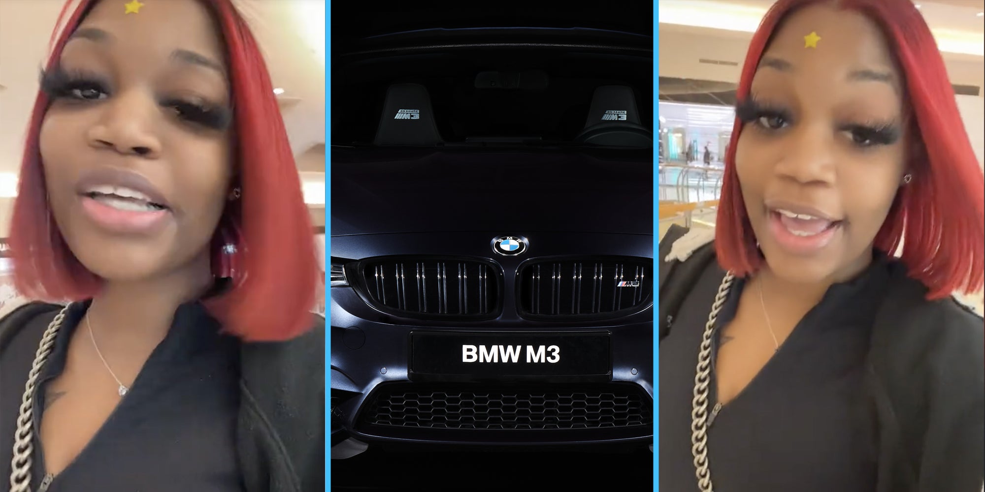 Woman talking(l+r), BMW M3(c)