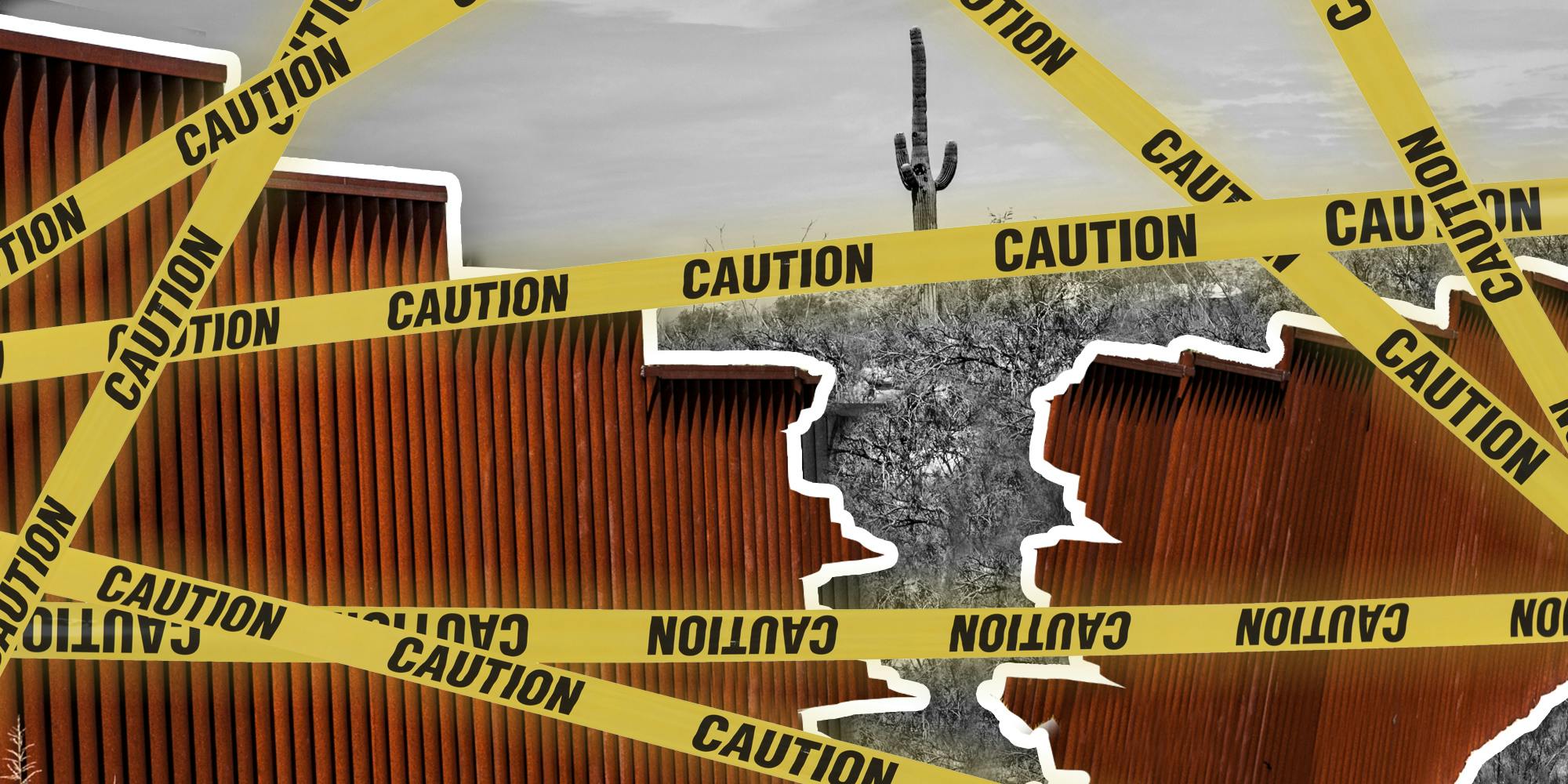 Border wall cracked in half with caution tape over it