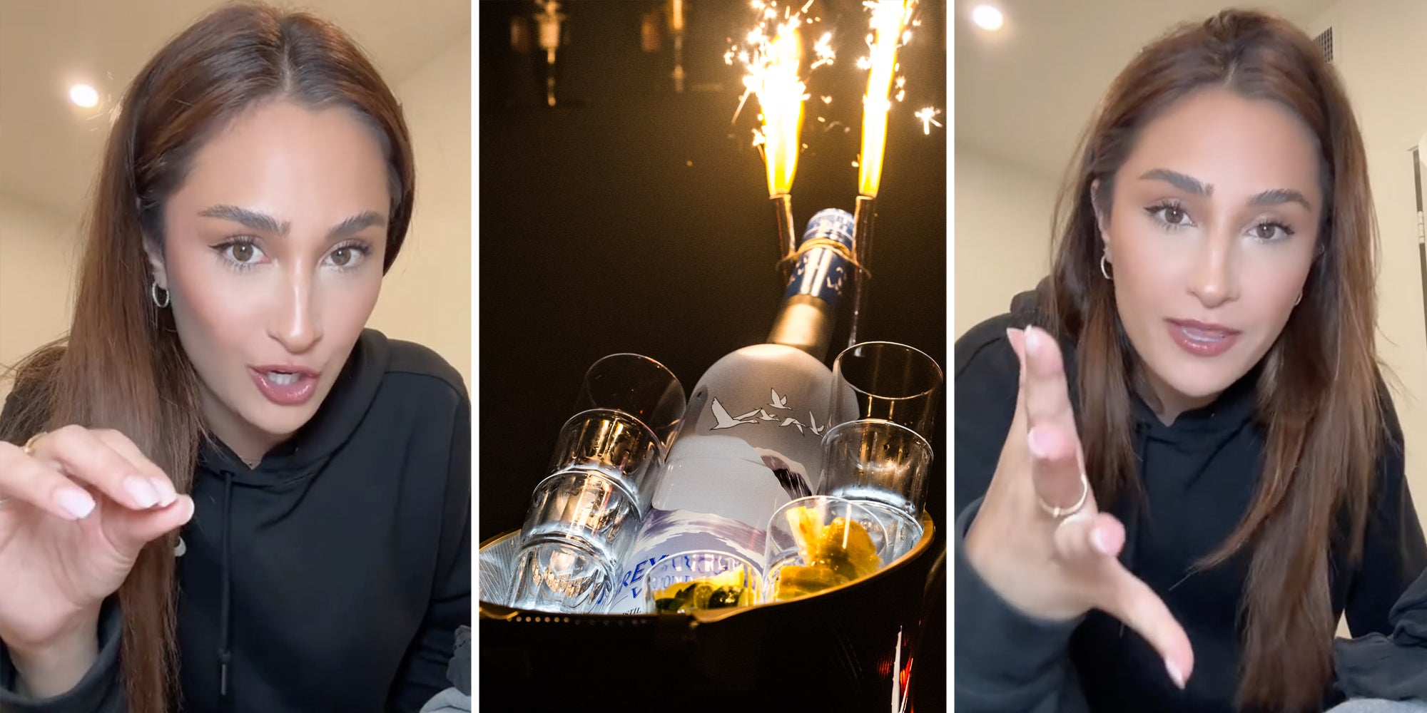 Woman talking(l+r), Bottle service bucket with flares(c)