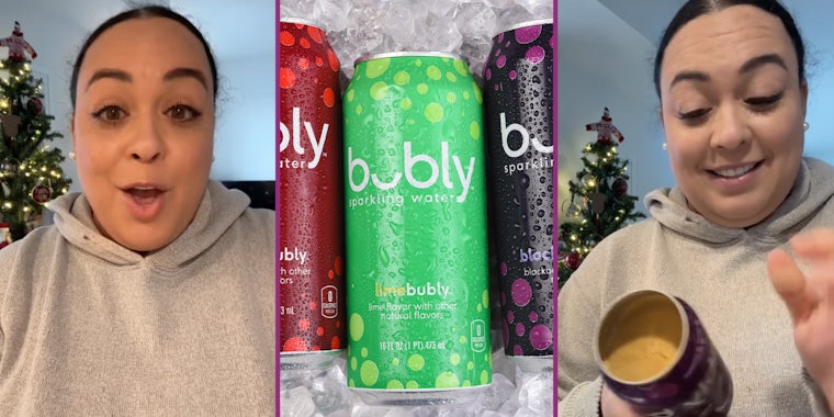 Woman talking(l), Bubly cans on ice(c), Woman holding bubly can(r)