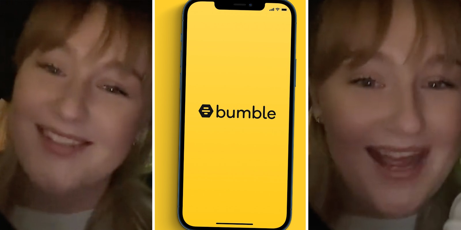 Woman talking(l+r), Bumble app on phone(c)