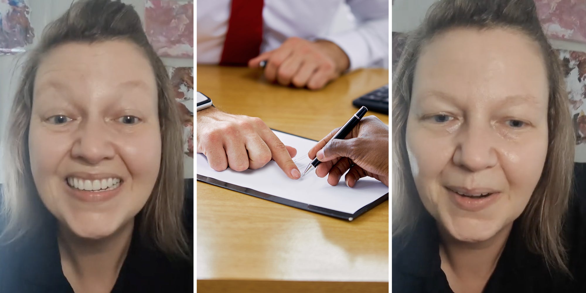 Woman talking(l+r), Hands pointing to contract(c)
