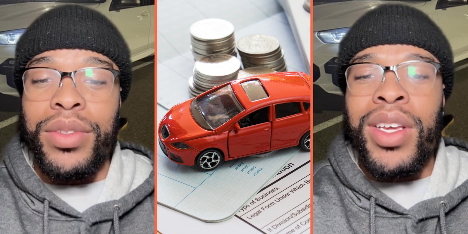 Man talking(l+r), Toy car with coins(c)