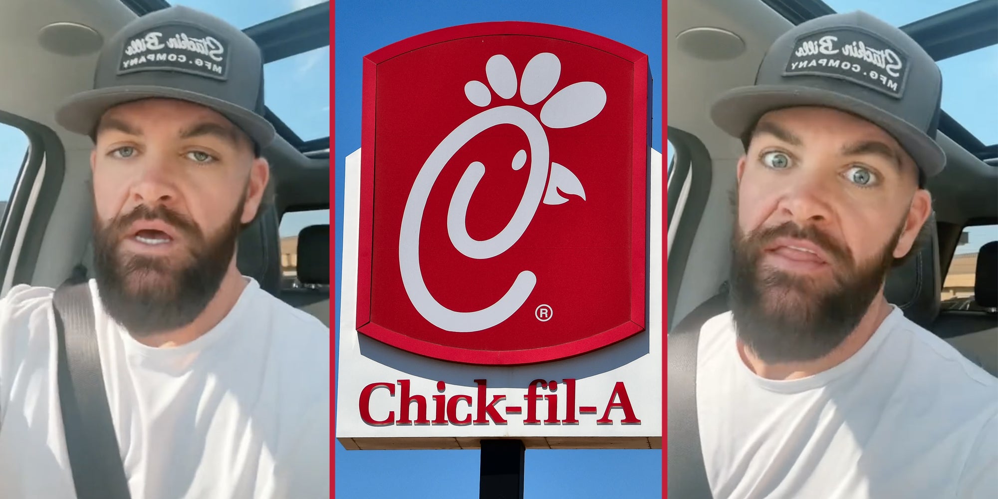 Man talking(l+r), Chick-fil-a sign(c)