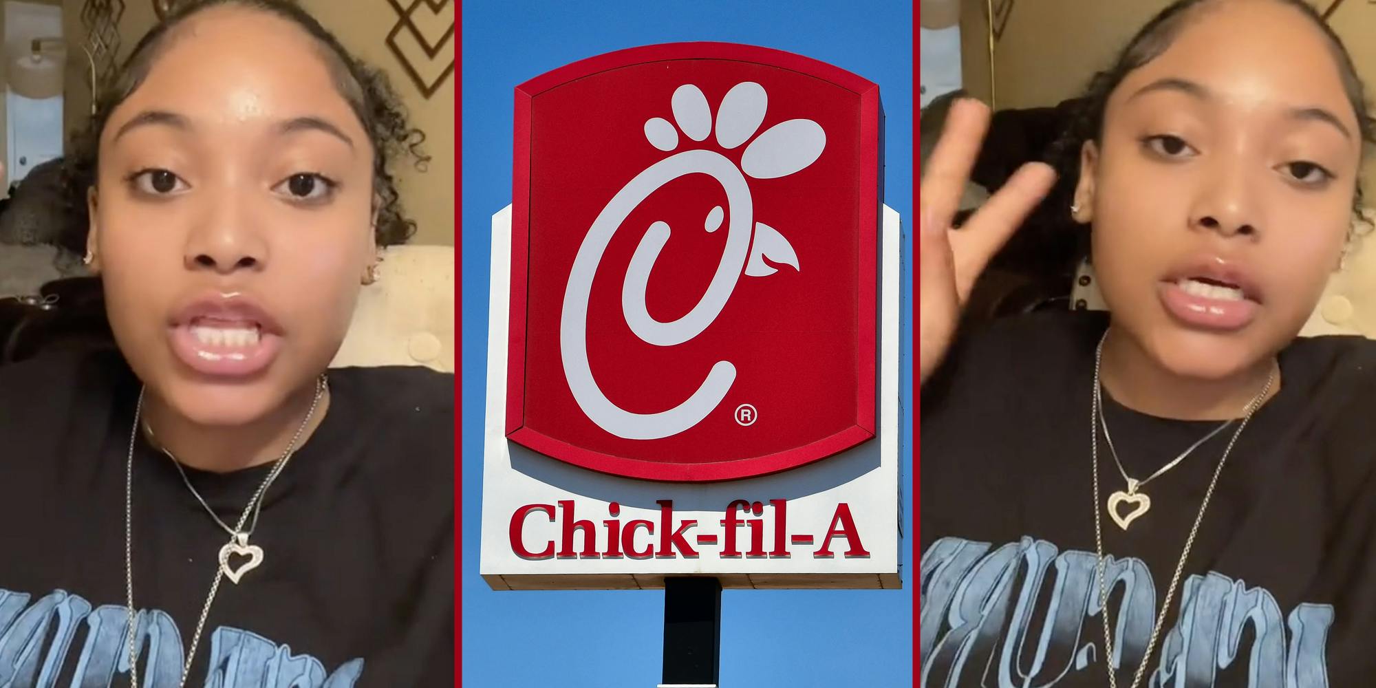 Woman talking(l+r), Chick-fil-a sign(c)