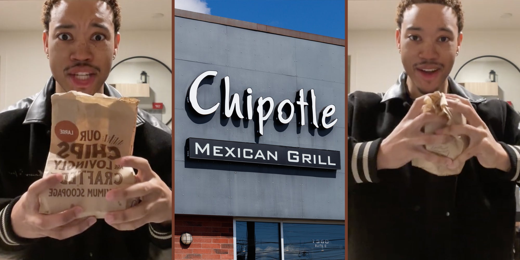 Man with bag of chips(l+r), Chipotle storefront(c)