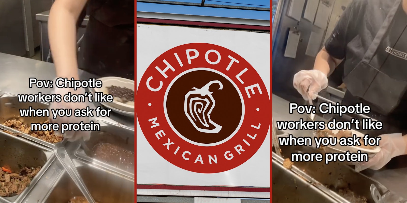 Chipotle worker scooping meat(l+r), Chipotle sign(c)