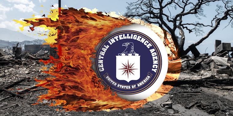 Lahaina, Maui, Hawaii, USA August 9, 2023 with burning CIA logo on top