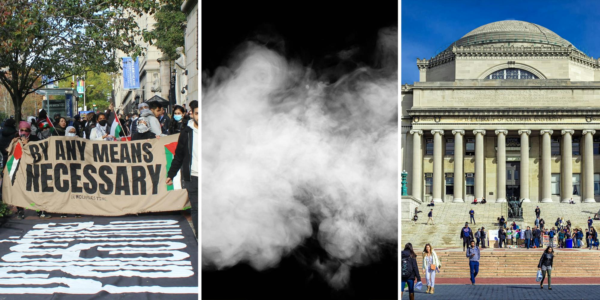 People with banners at protest on Broadway outside of Columbia University campus after suspension of Students for Justice in Palestine group(r), Smoke(c), Columbia University(r)