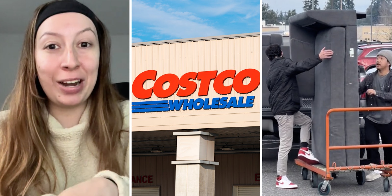 Woman talking(l), Costco storefront(c), Men moving couch(r)