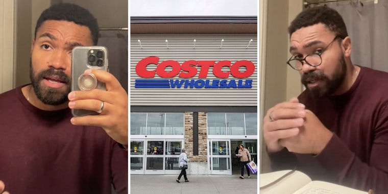 Man with phone in front of his face(l), Costco storefront(c), Same Man with glasses reading from book(r)