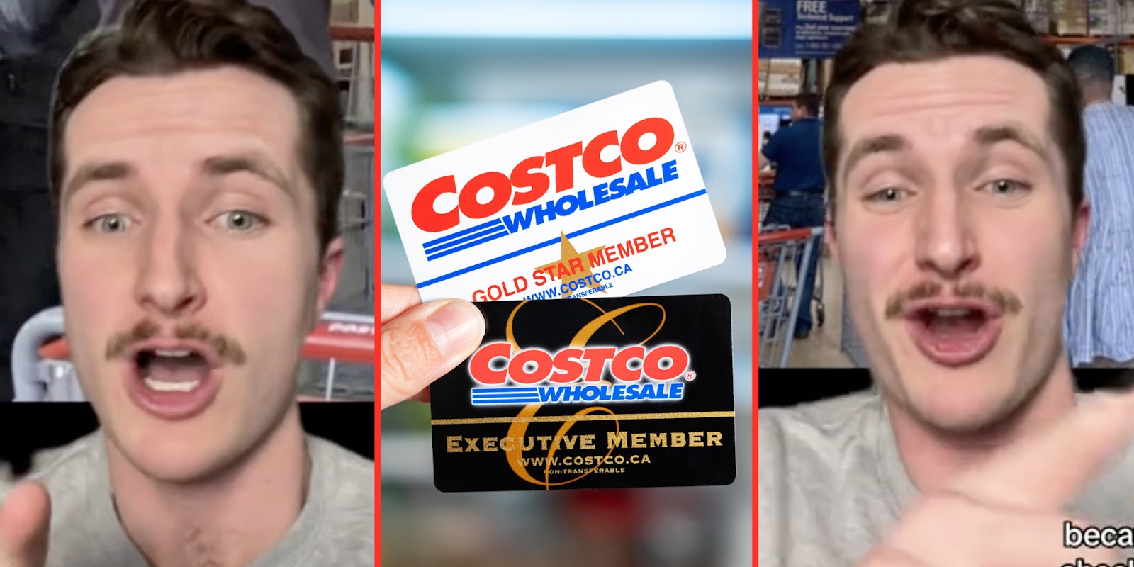 Man talking(l+r), Costco membership cards(c)