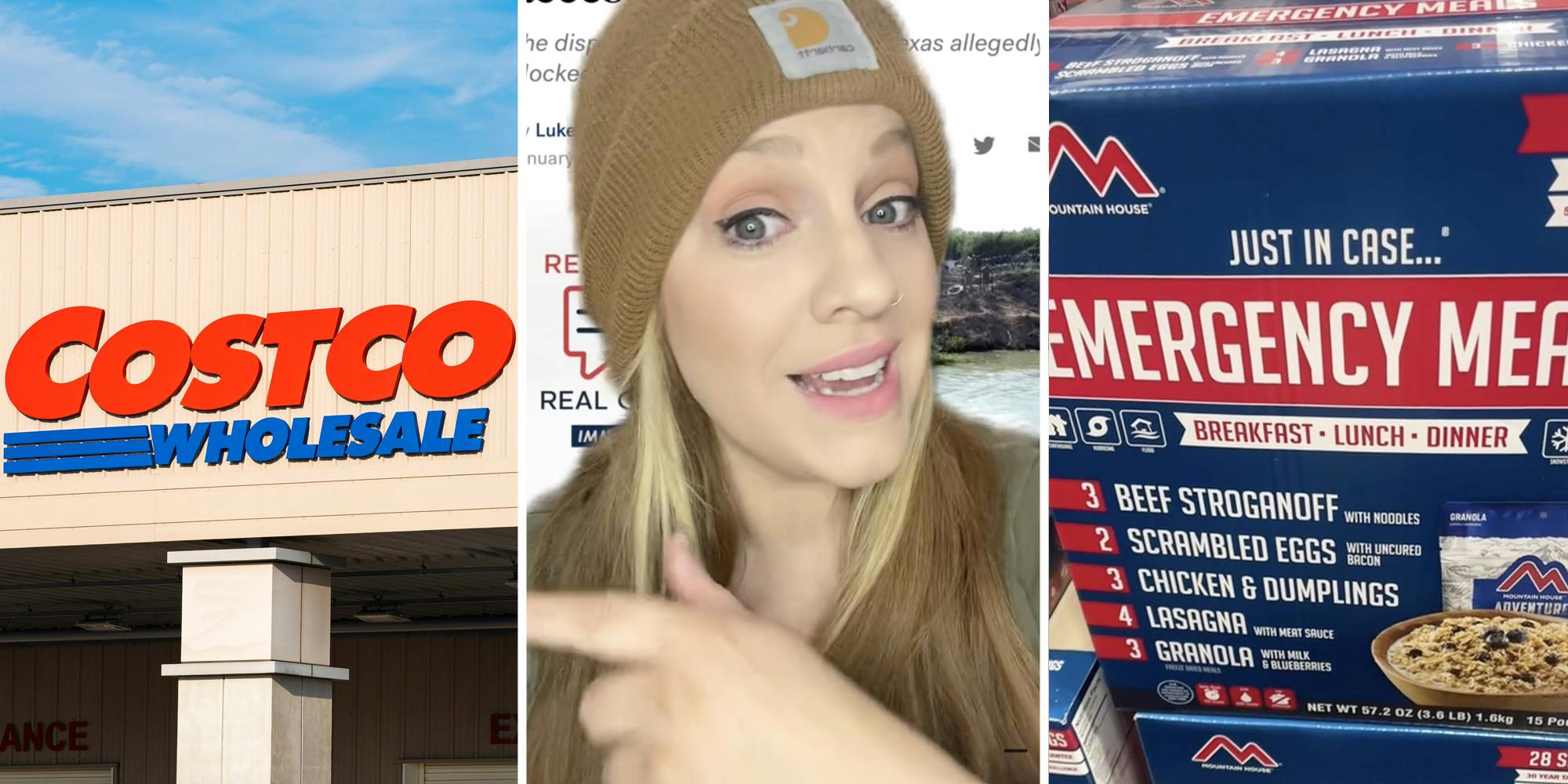 Costco storefront(l), Woman talking(c), Emergency meals(r)