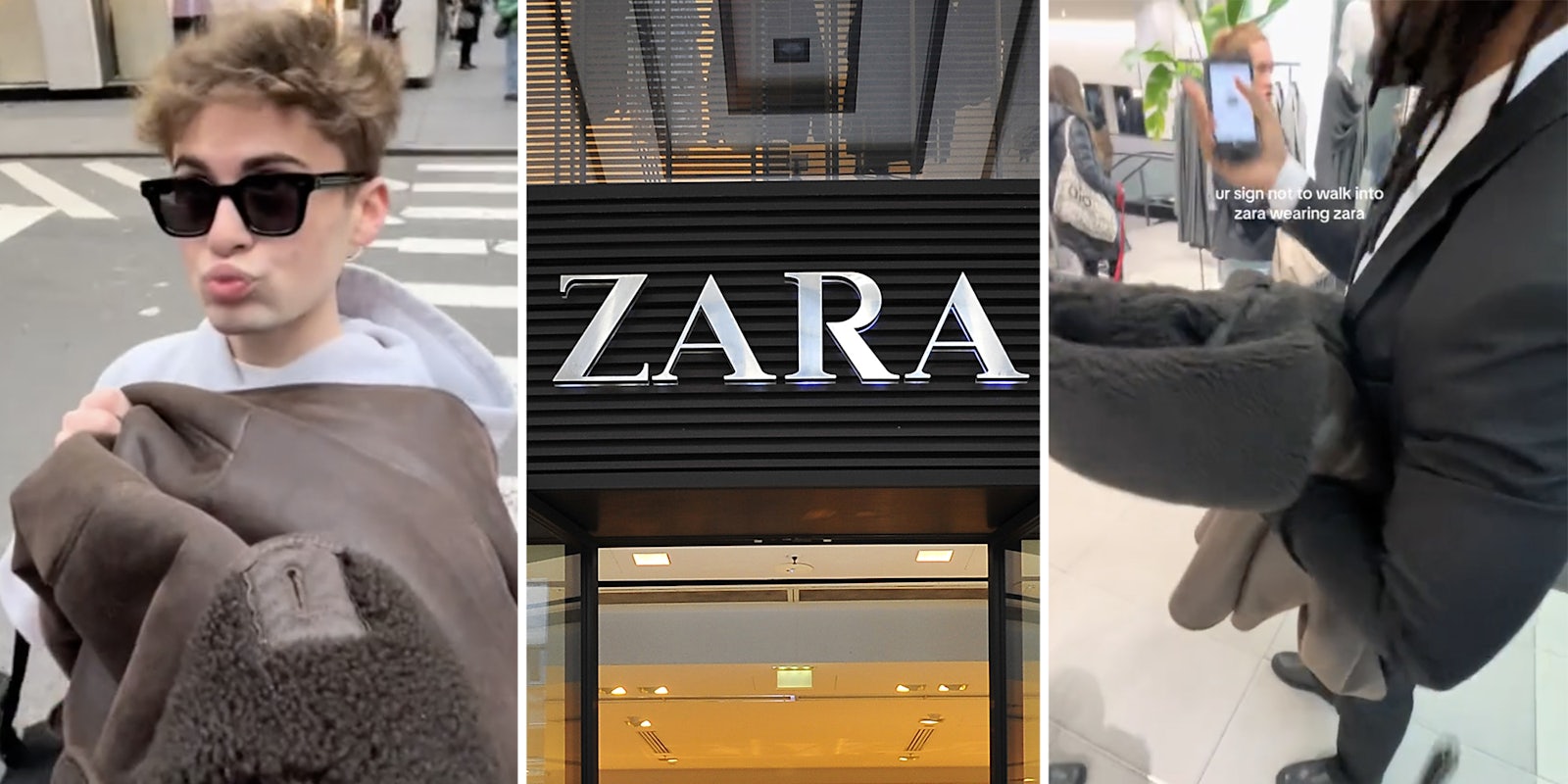 Man with coat(l), Zara storefront(c), Security guard with jacker(r)