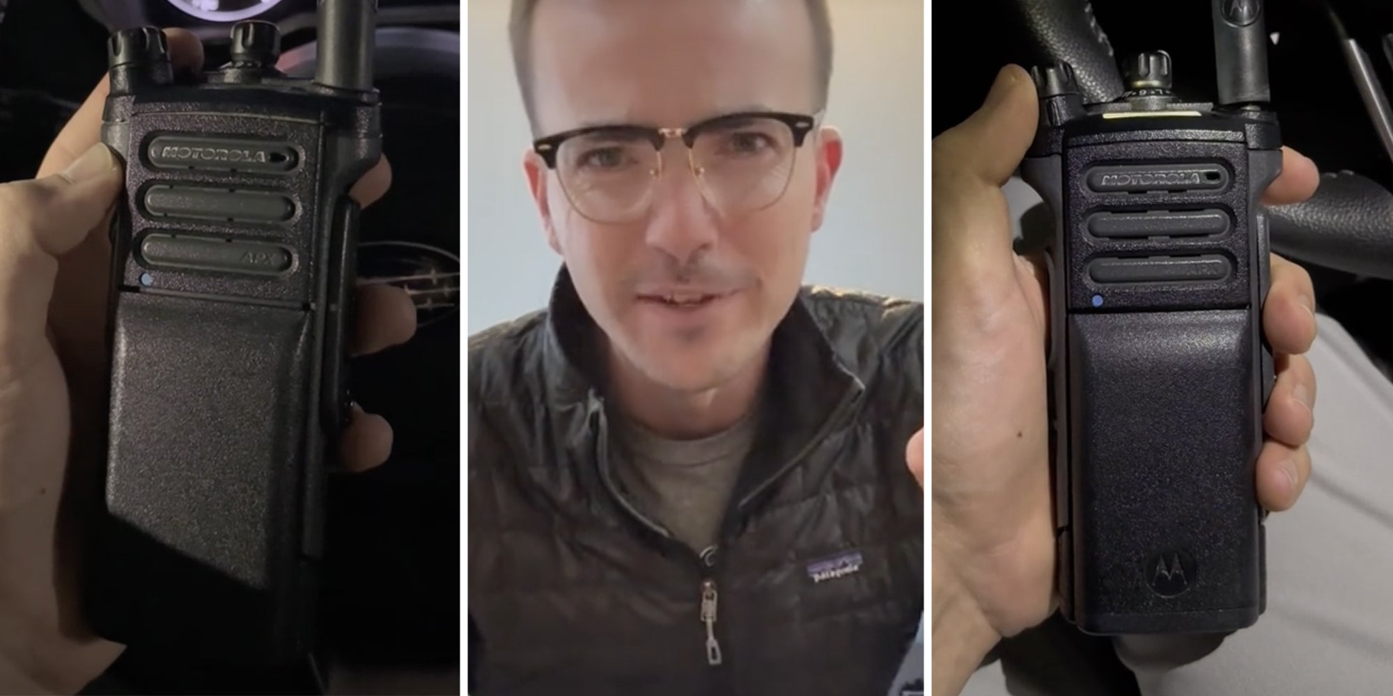 Hand holding walkie talkie(l+r), Man talking(c)