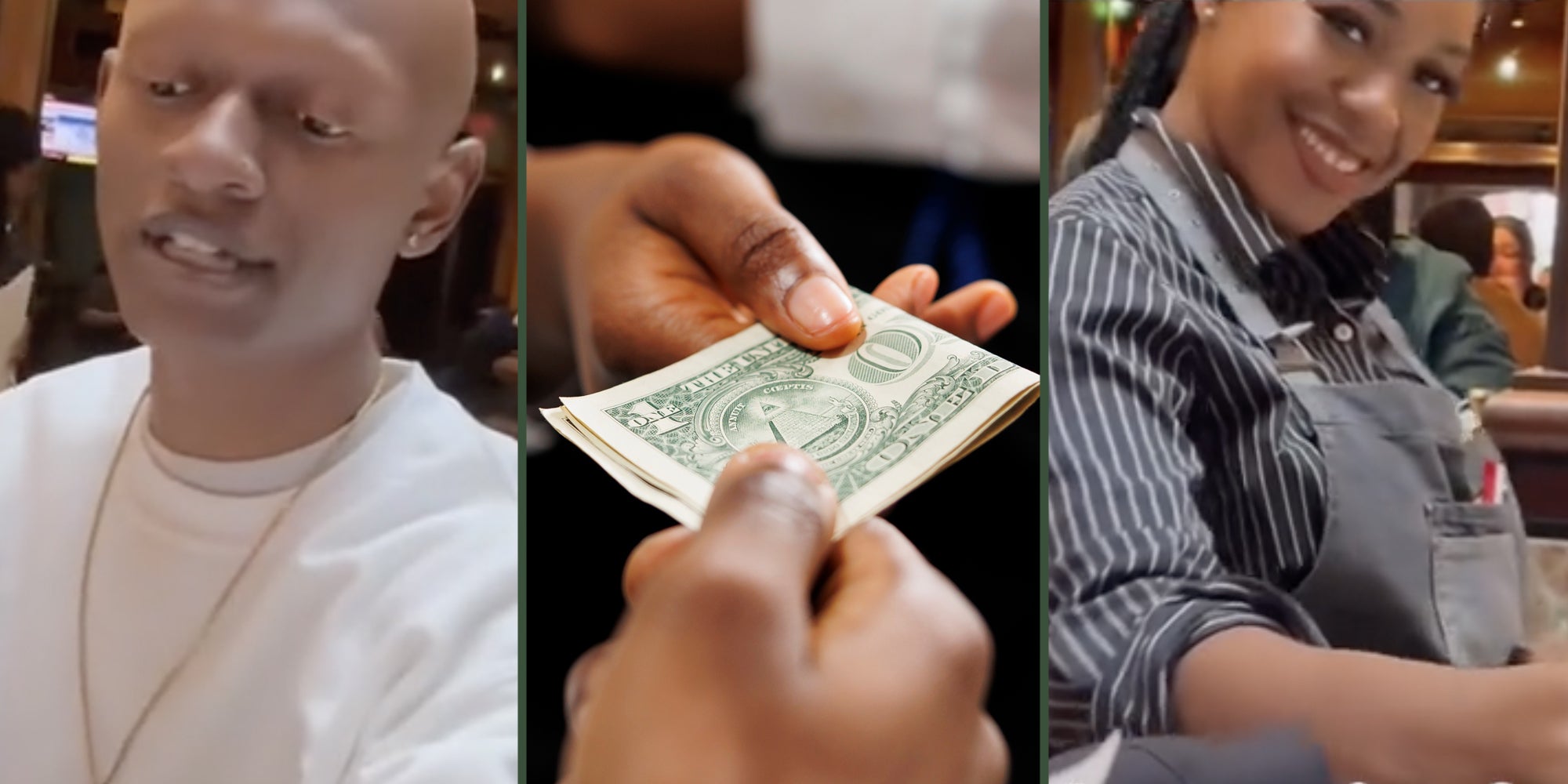 Man(l), Hands passing money(c), Woman smiling(r)