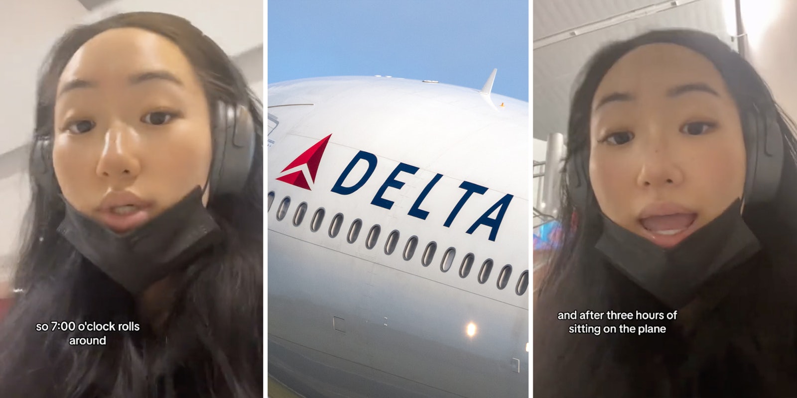 Woman talking(l+r), Delta airplane(c)