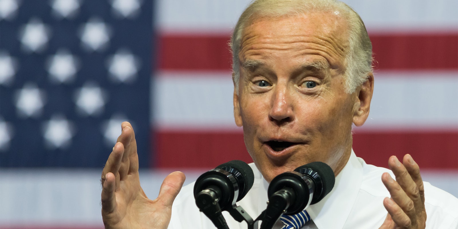 Vice President Joe Biden makes a jovial gesture while he delivers a speech at a campaign event for democratic presidential nominee Hillary Clinton.