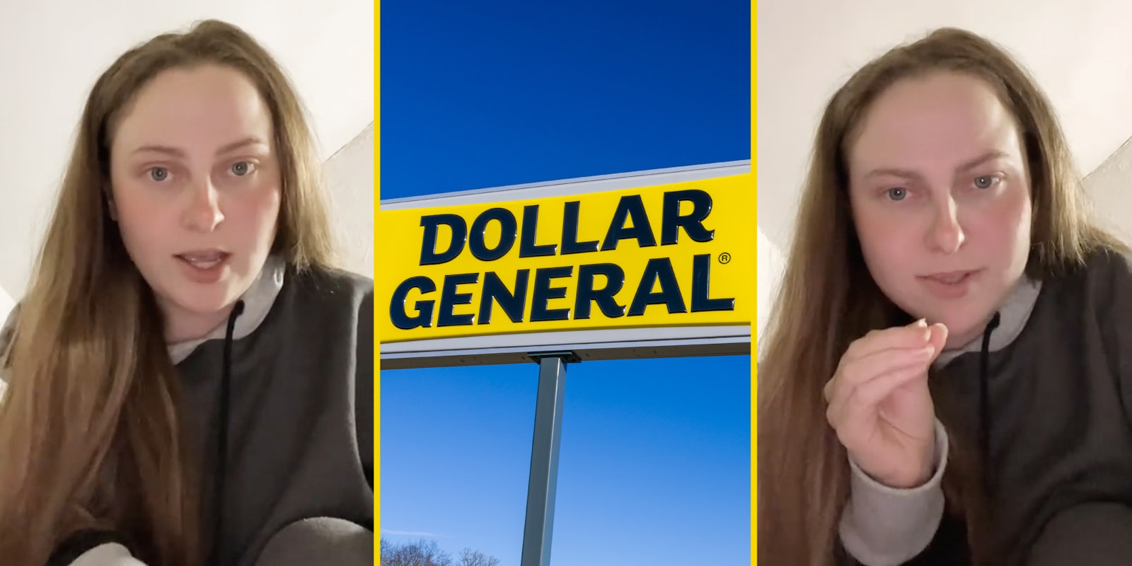Woman talking(l+r), Dollar General sign(c)