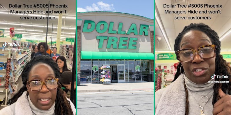 woman in line at Dollar Tree with caption "Dollar Tree #5005 Phoenix Managers Hide and won't serve customers" (l&r) Dollar Tree sign (c)