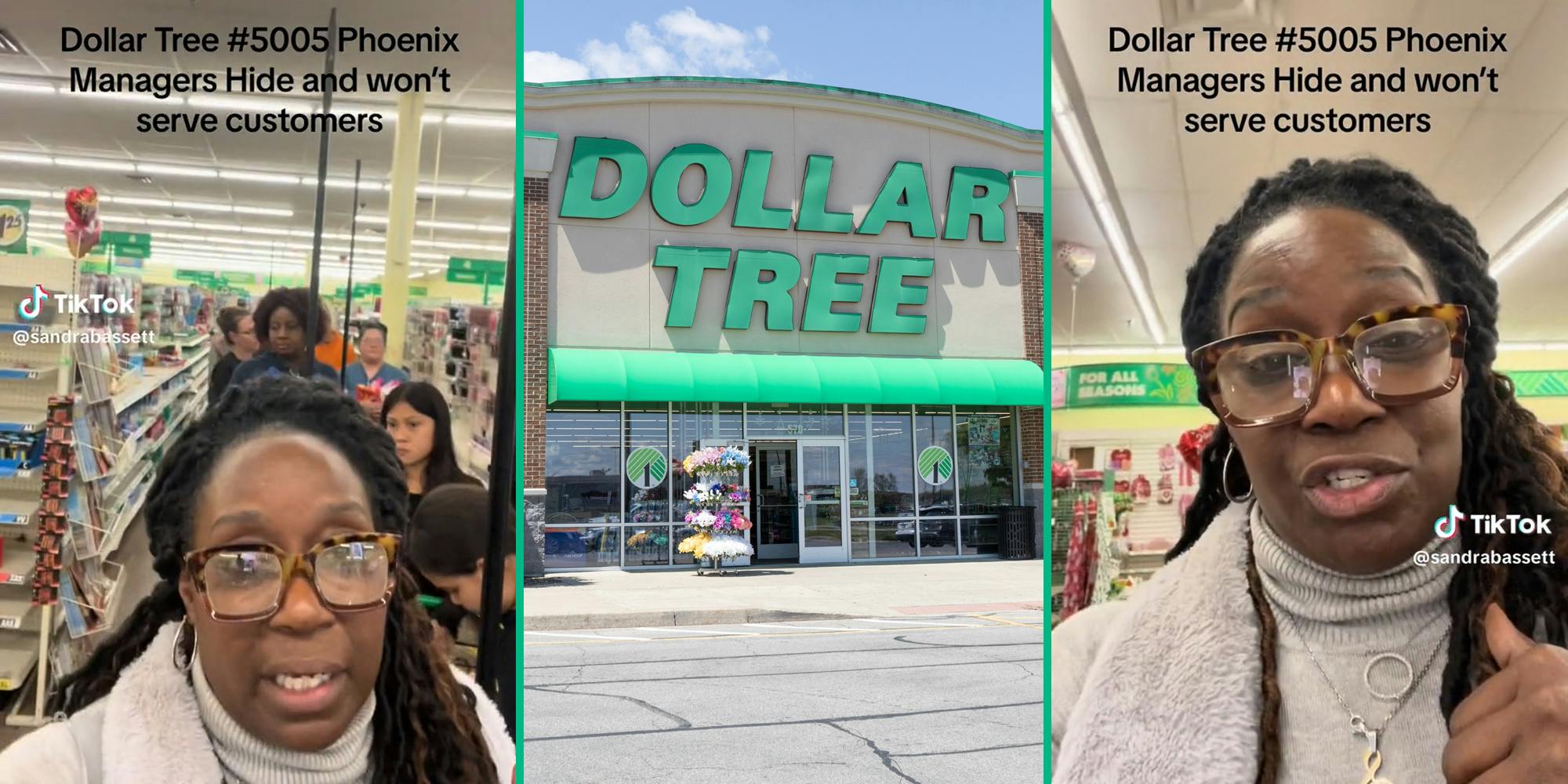 woman in line at Dollar Tree with caption 'Dollar Tree #5005 Phoenix Managers Hide and won't serve customers' (l&r) Dollar Tree sign (c)