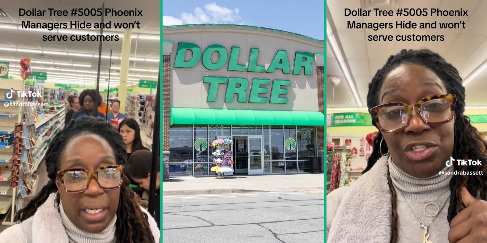 woman in line at Dollar Tree with caption 'Dollar Tree #5005 Phoenix Managers Hide and won't serve customers' (l&r) Dollar Tree sign (c)