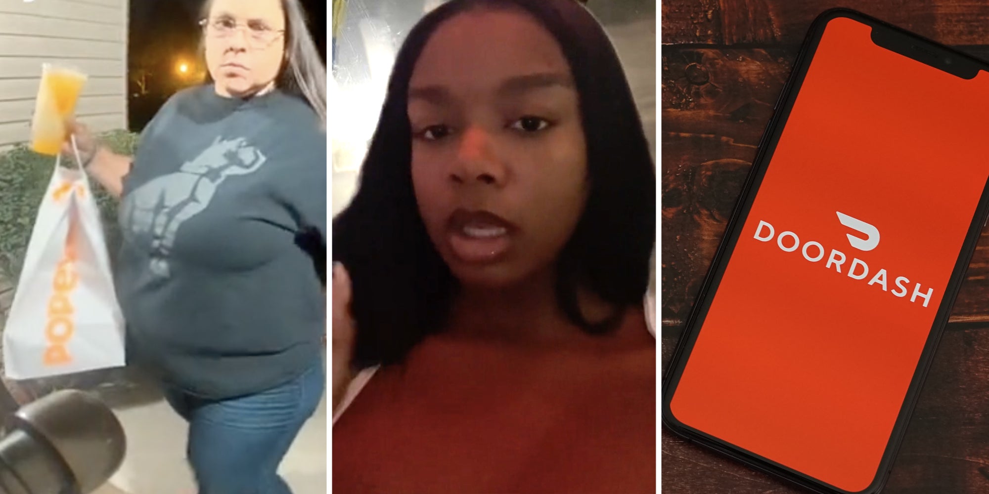 Doordasher(l), Woman talking(c), Phone with doordash app(r)