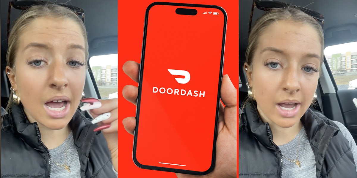 Woman talking(l+r), Hand holding phone with door dash app(c)