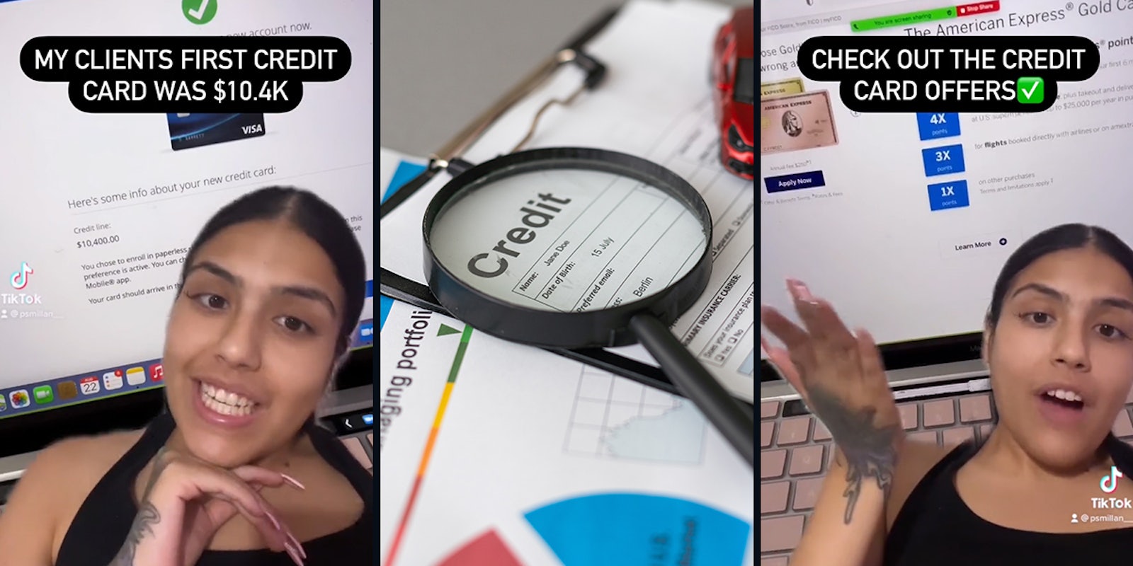 woman greenscreen TikTok with caption 'my clients first credit card was $10.4k' (l) credit score concept (c) woman greenscreen TikTok with caption 'CHECK OUT THE CREDIT CARD OFFERS' (r)