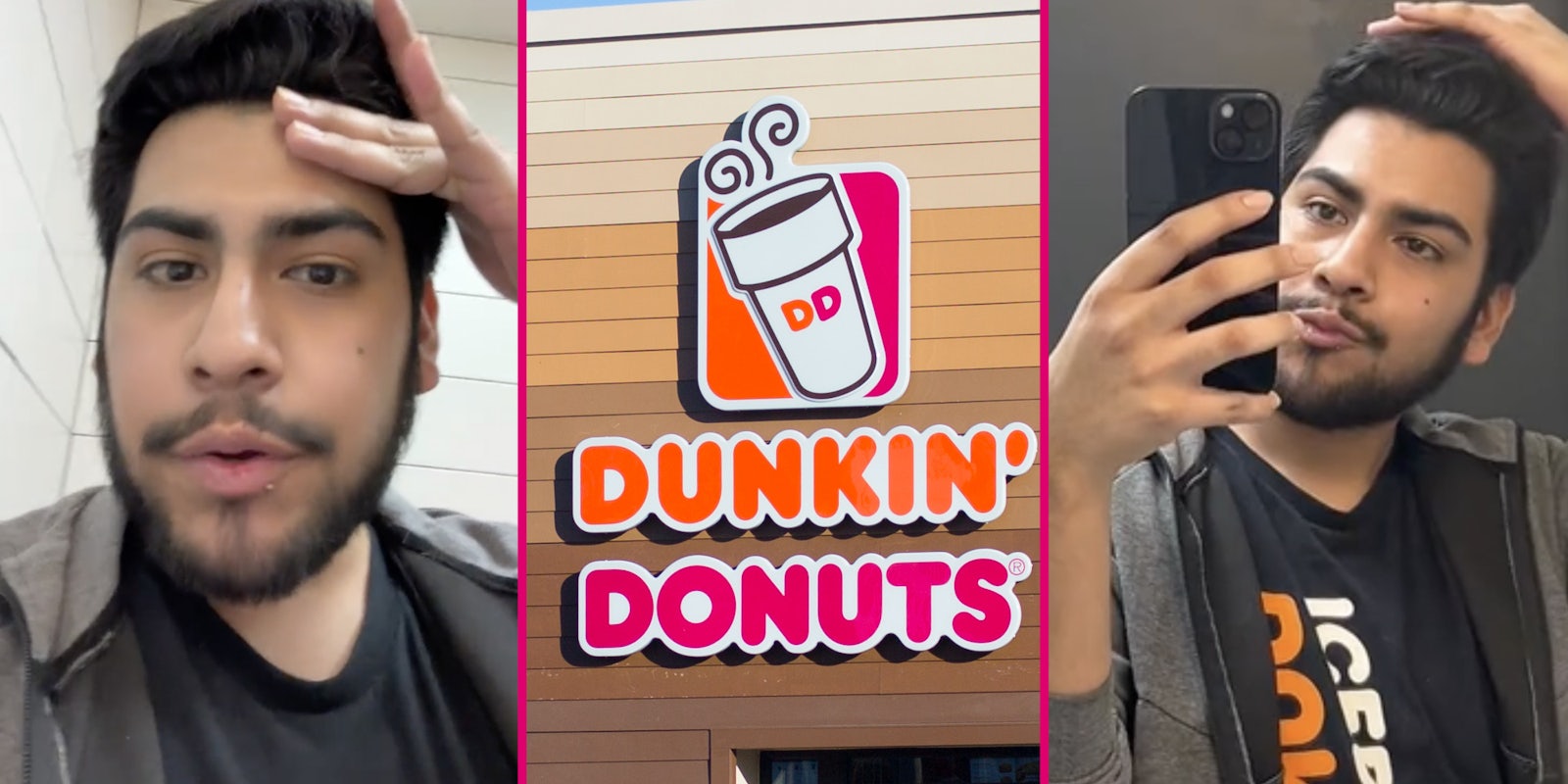 Man talking(L), Dunkin Donuts storefront(c), Man posing with phone(r)