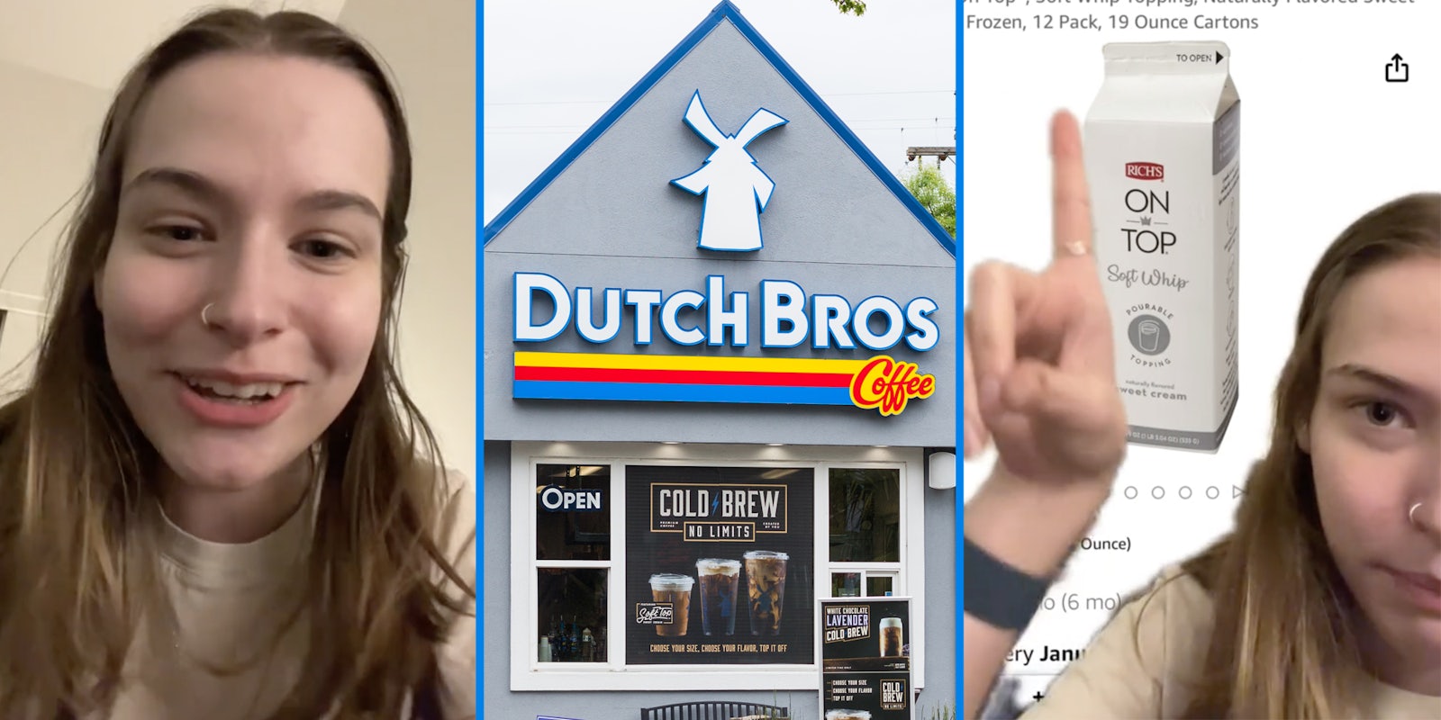 Woman talking(l), Dutch Bros Coffee storefront(c), Woman pointing to milk online(r)