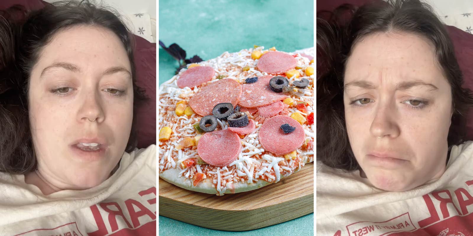 Woman talking(l+r), Frozen Pizza(c)