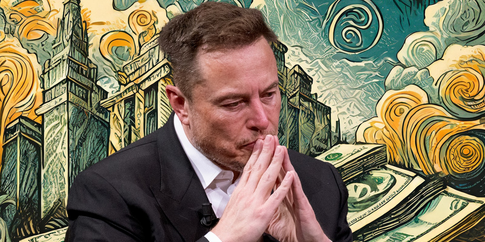 Elon Musk over background of buildings and money
