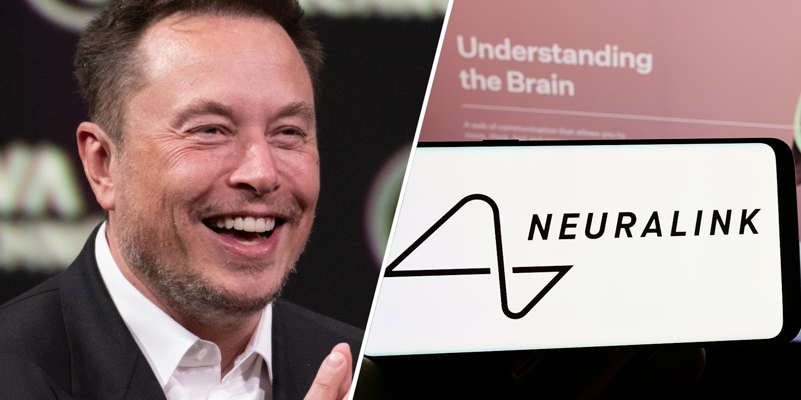 Elon Musk(l), Neuralink app on phone(r)