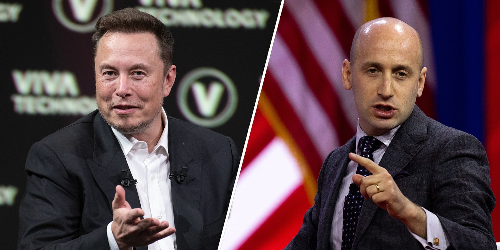Elon Musk speaking in front of black and white background (l) Stephen Miller speaking in front of red white and blue background (r)