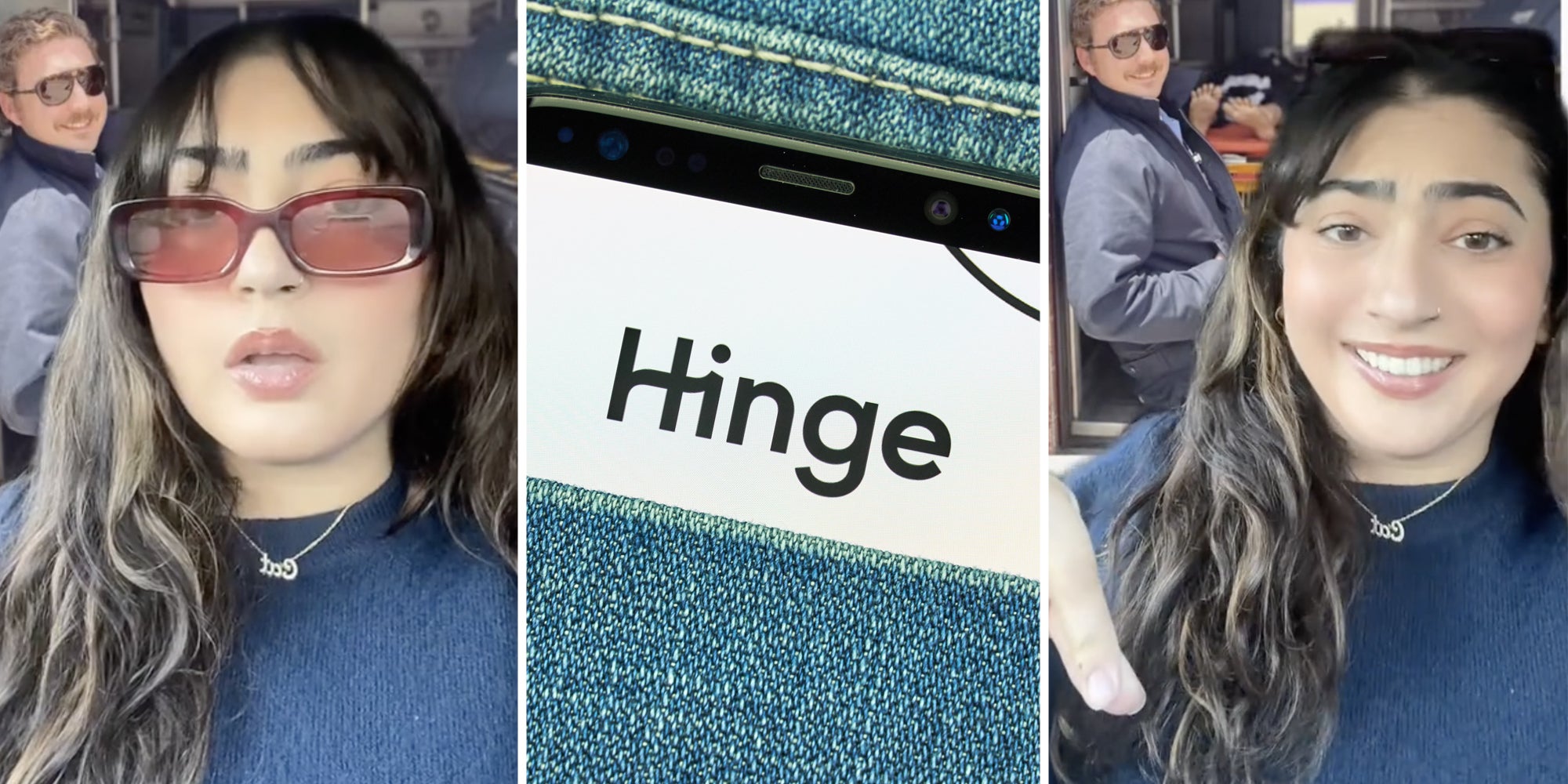 Woman talking in front of picture(l+r), Hinge app on phone in jean pocket(c)