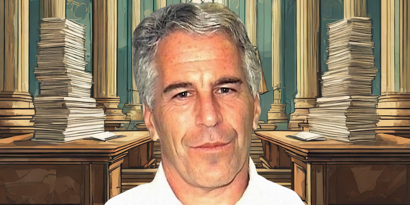 Jeffrey Epstein in front of papers on table illustration
