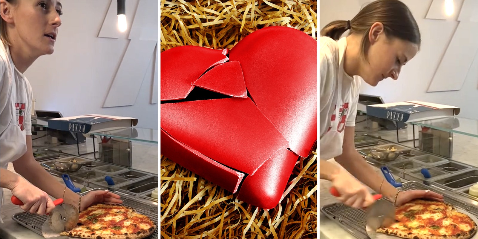 Woman slicing pizza(l+r), Broken heart(c)