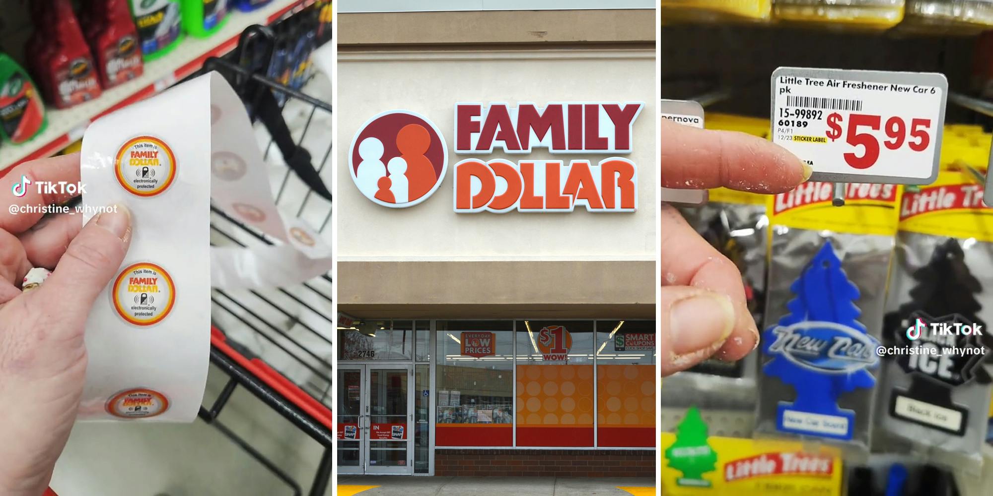 hand holding security tags (l) Family Dollar storefront (c) hand pointing to pricing sign (r)