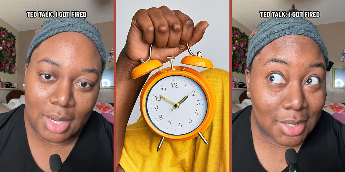 worker speaking with caption 'TED TALK: I GOT FIRED' (l) hand holding clock (c) worker speaking with caption 'TED TALK: I GOT FIRED' (r)