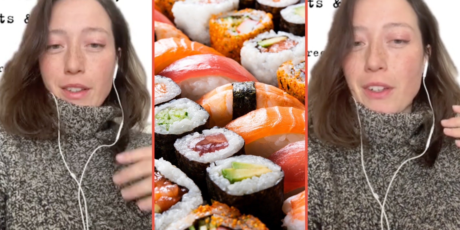 Woman talking(l+r), Sushi(c)